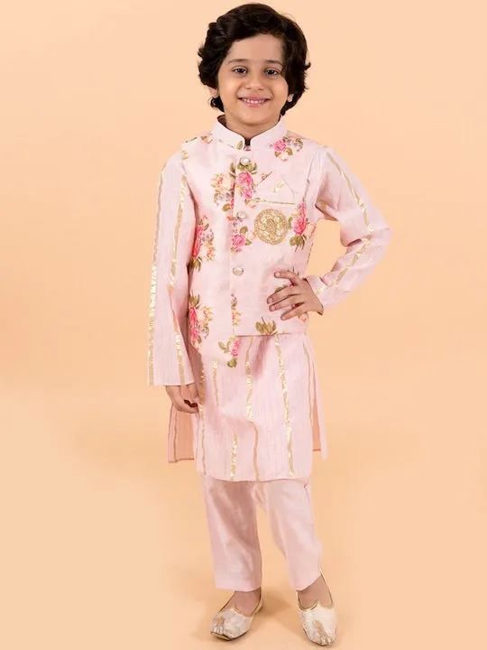 Boys Kids- Pink Floral Printed Pure Cotton Kurta With Trousers And Nehru Jacket - Ps Peaches