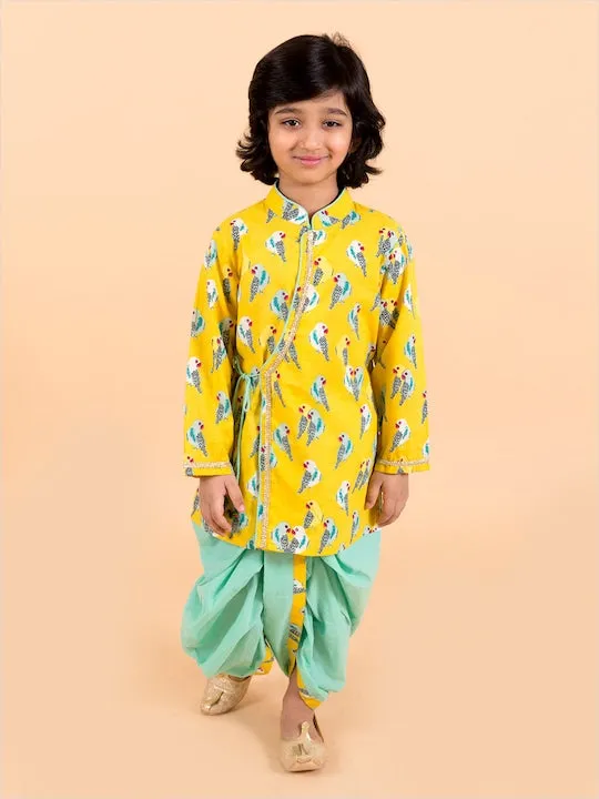 Boys  Yellow Printed Angrakha Pure Cotton Kurta With Trousers - Ps Peaches