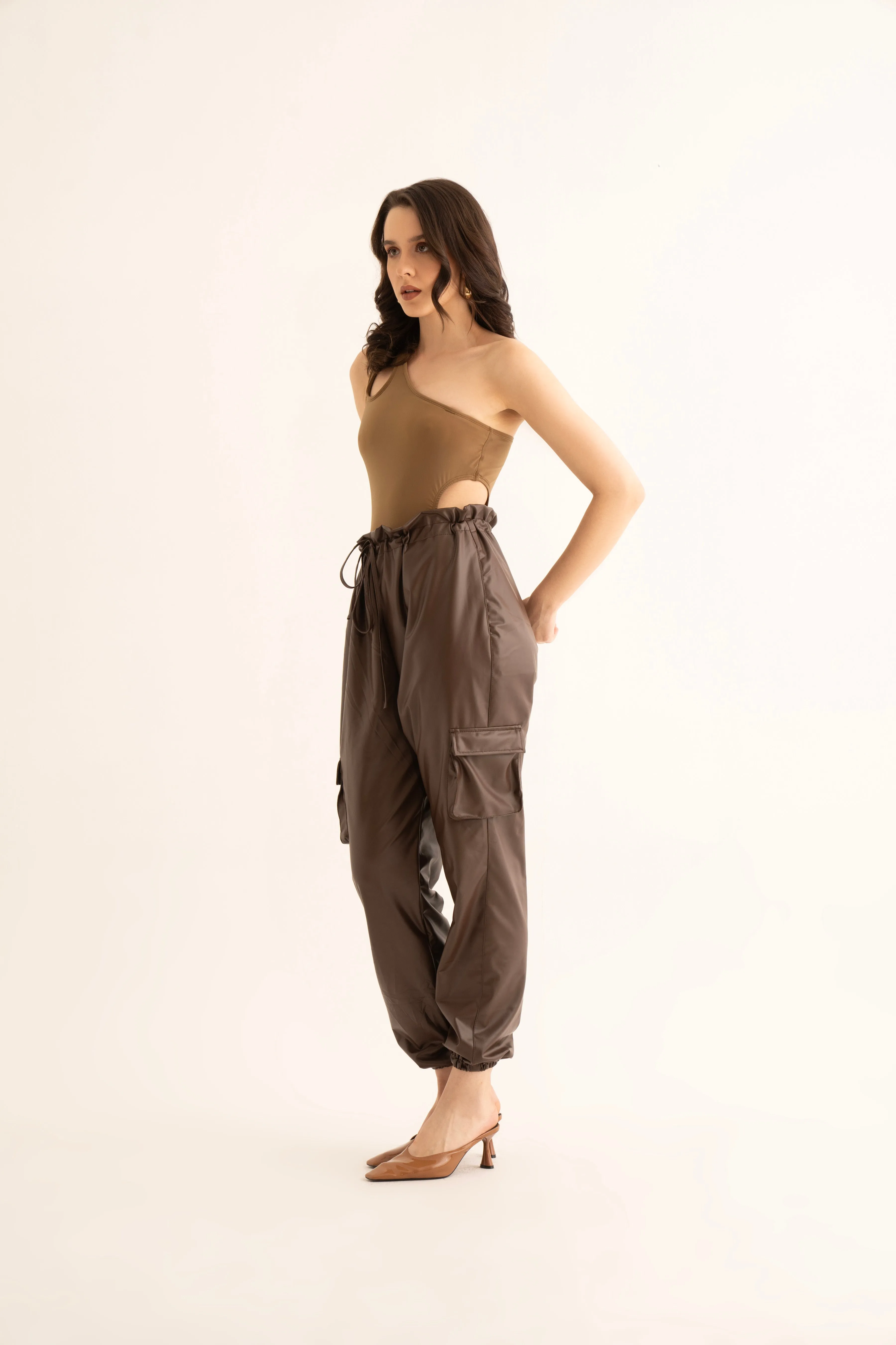 Brown Faux Leather Cargo Pants