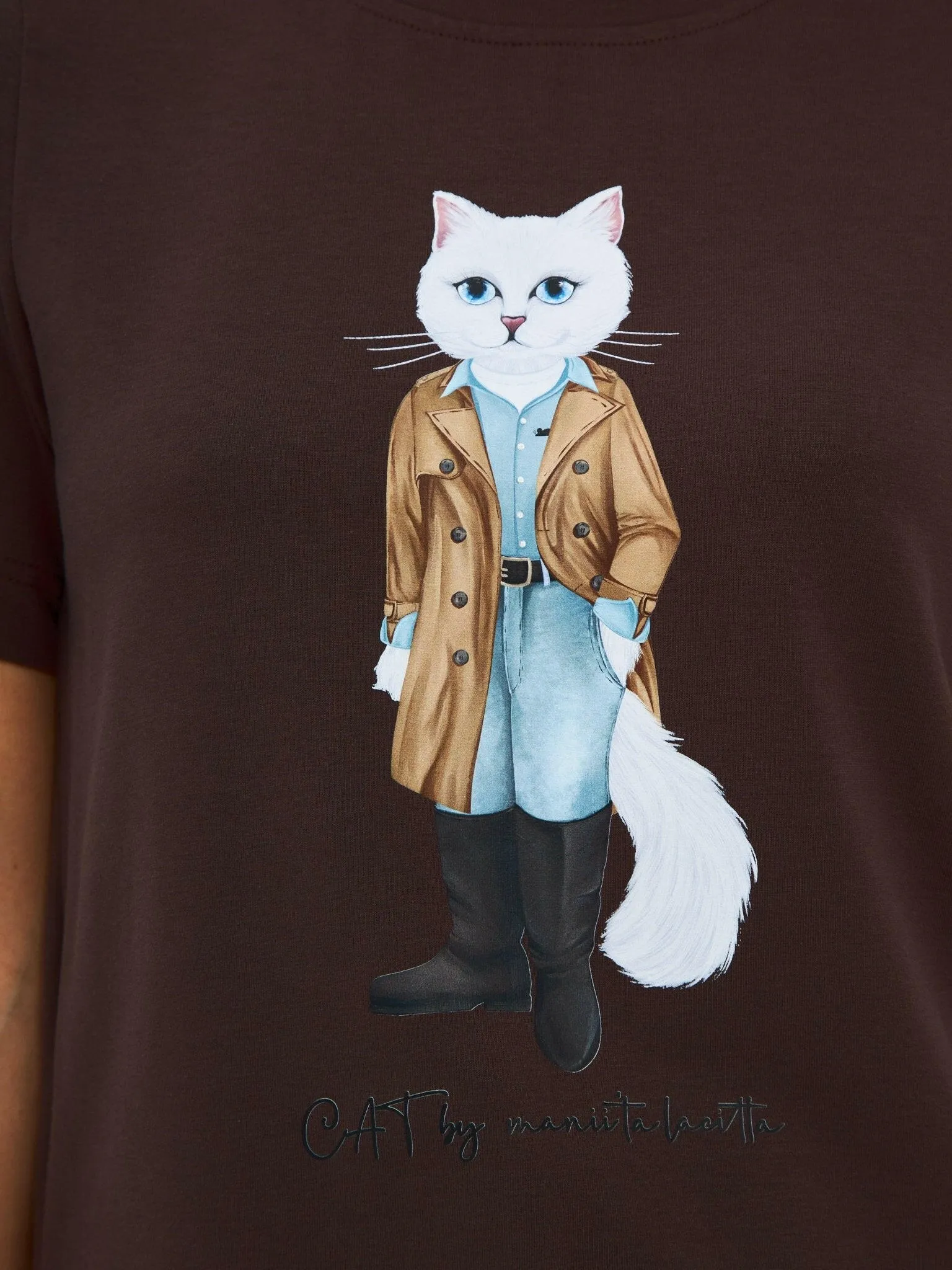 Brown Printed T-shirt TRENCH COAT WHITE CAT