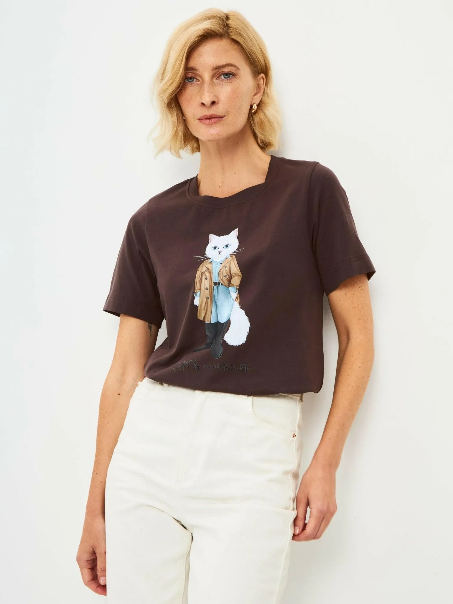 Brown Printed T-shirt TRENCH COAT WHITE CAT