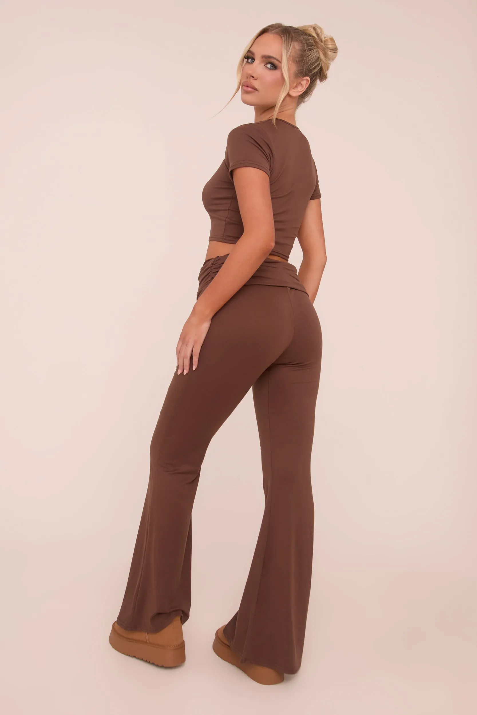 Brown Round Neck Cropped Top & Flared Leg Trousers Co-ord - Charlett