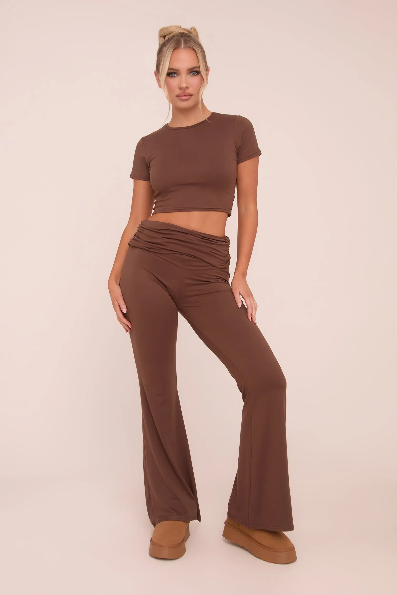 Brown Round Neck Cropped Top & Flared Leg Trousers Co-ord - Charlett