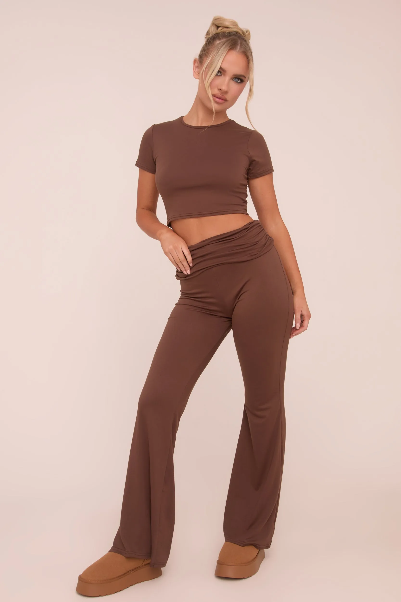 Brown Round Neck Cropped Top & Flared Leg Trousers Co-ord - Charlett