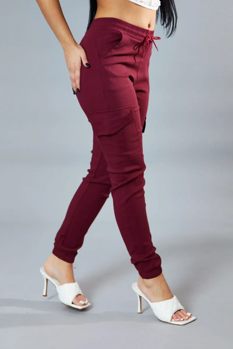 Burgundy Cuffed Hem Cargo Trousers - Rain