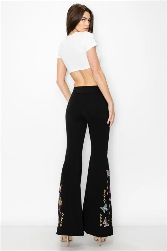 Butterfly Embroidered Bell Bottom Yoga Pants