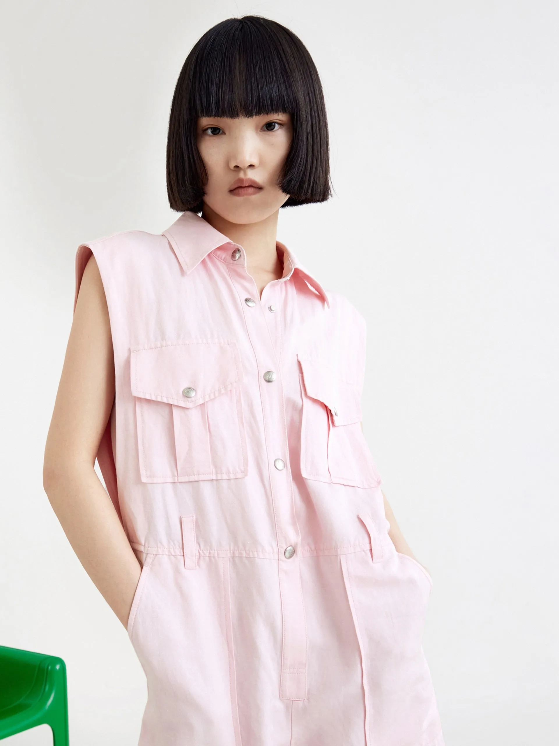 Button Up Sleeveless Cargo Style Overalls