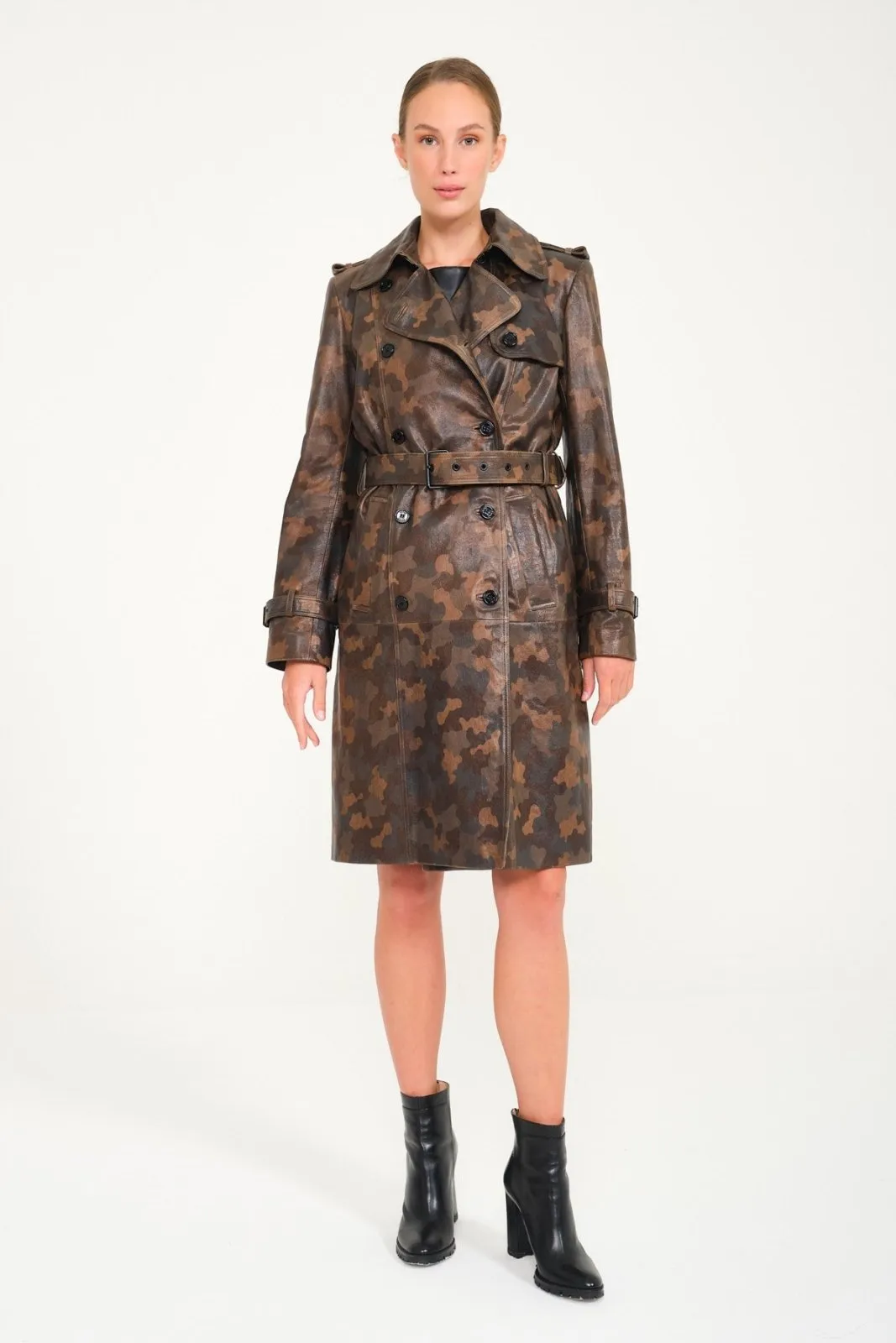 Camouflage Leather Trench Coat