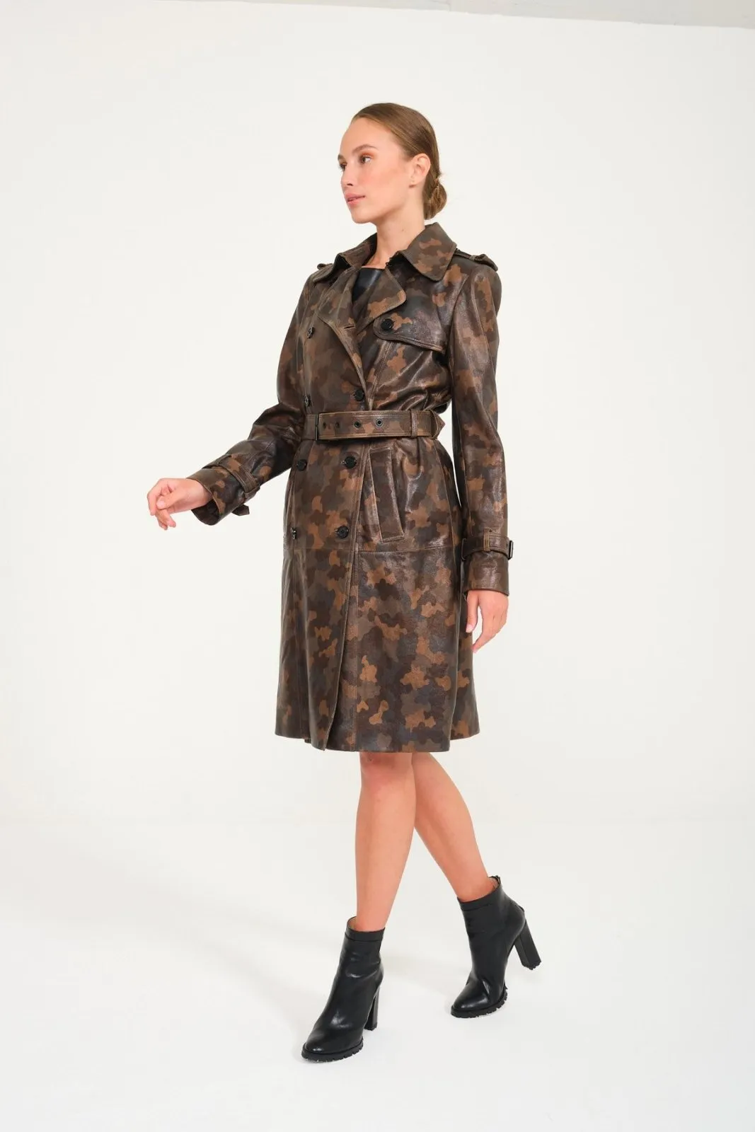 Camouflage Leather Trench Coat