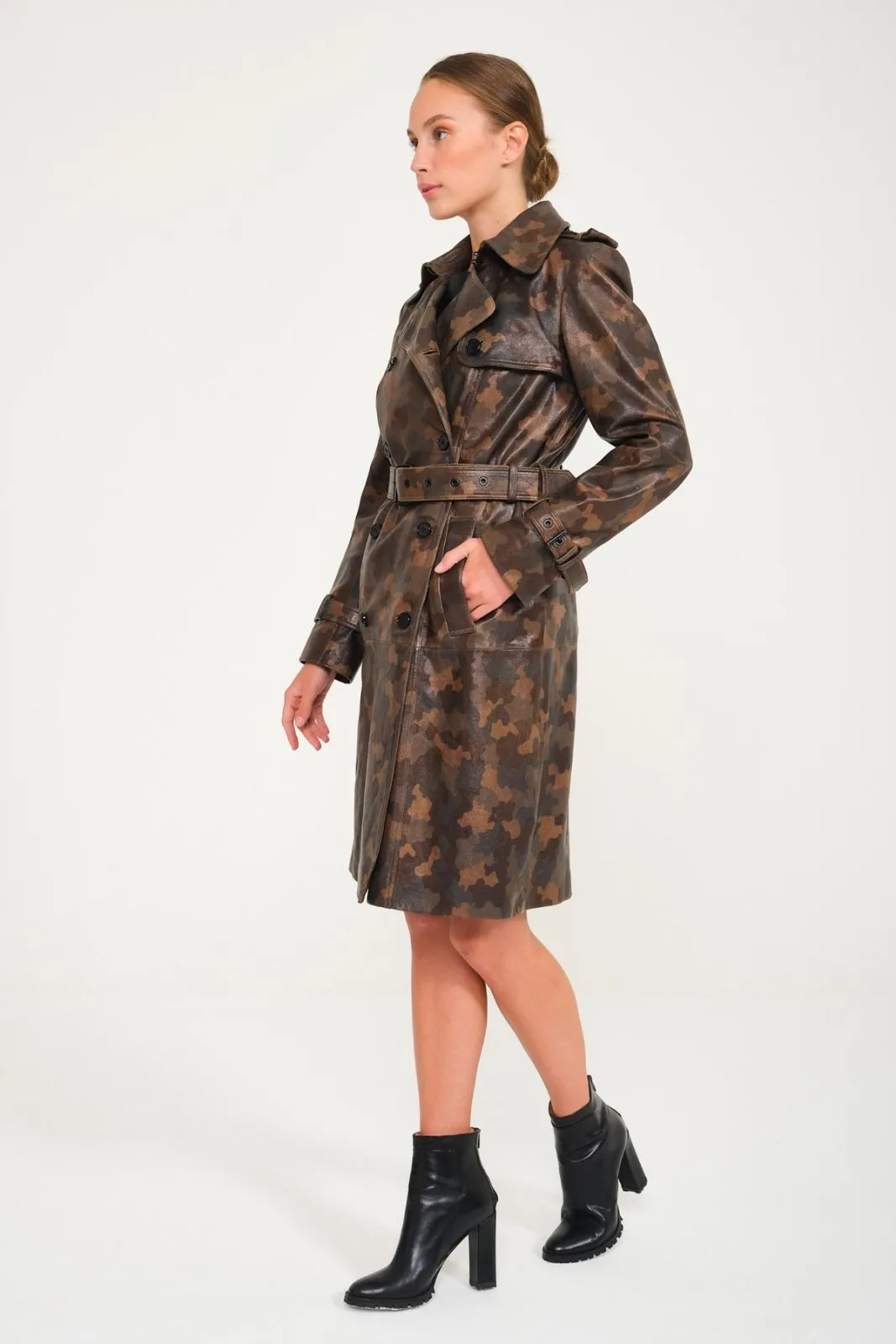 Camouflage Leather Trench Coat