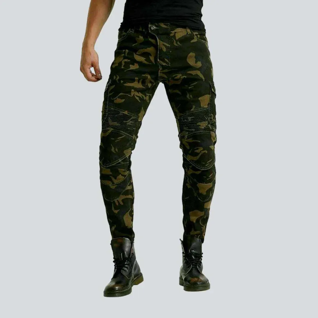 Camouflage print men's moto jeans