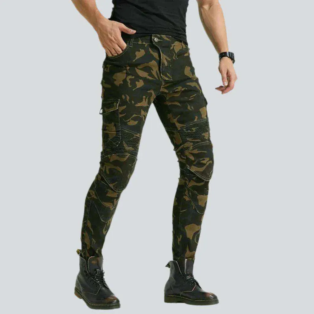 Camouflage print men's moto jeans