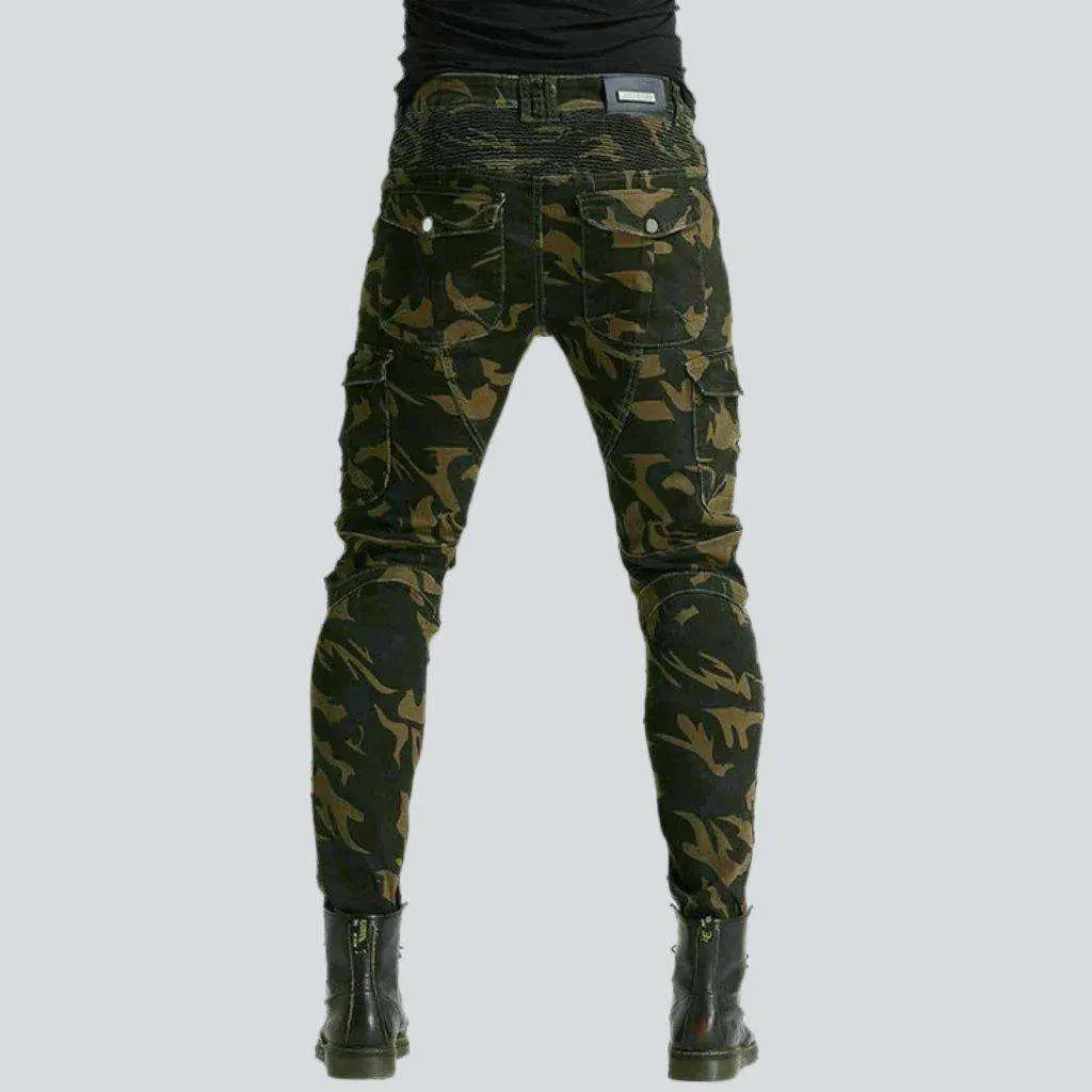 Camouflage print men's moto jeans