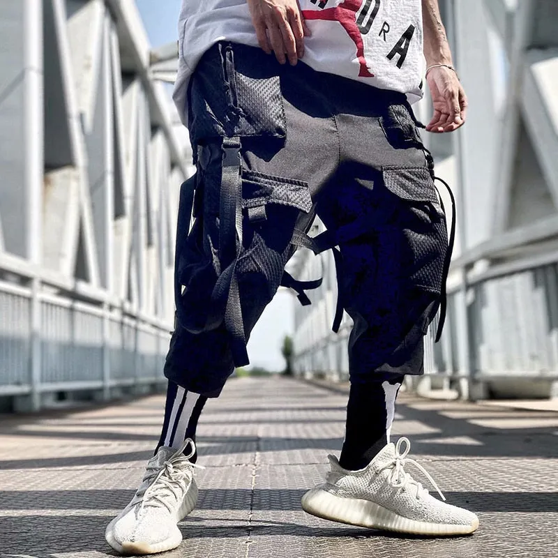 Cargo Pants Men Harajuku Streetwear Tactics Pants Ribbon Multi-pocket Trousers Elastic Waist Hip Hop Male DG29