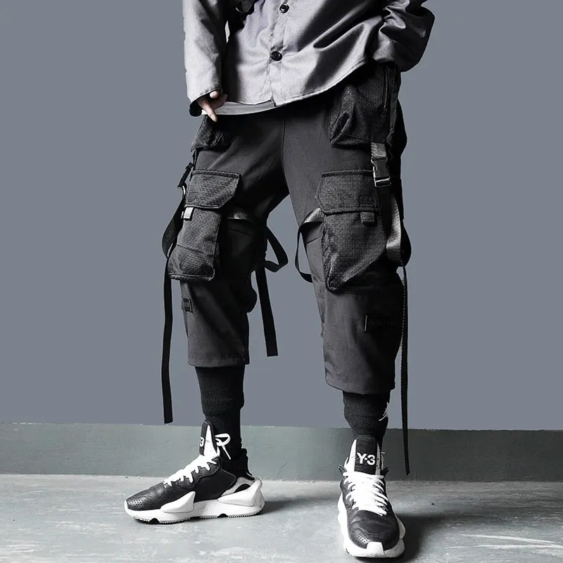 Cargo Pants Men Harajuku Streetwear Tactics Pants Ribbon Multi-pocket Trousers Elastic Waist Hip Hop Male DG29