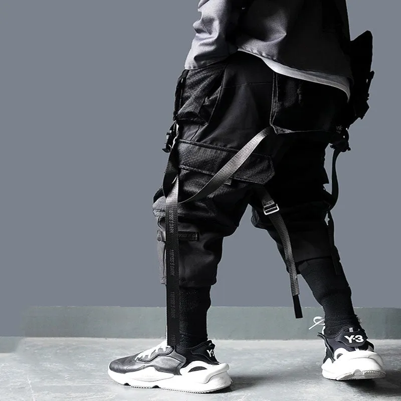 Cargo Pants Men Harajuku Streetwear Tactics Pants Ribbon Multi-pocket Trousers Elastic Waist Hip Hop Male DG29