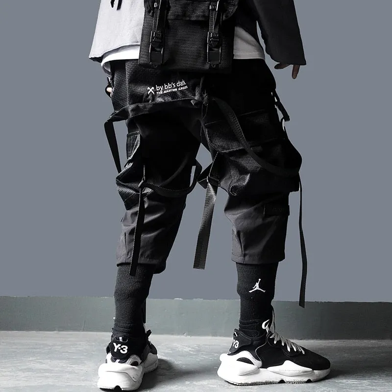 Cargo Pants Men Harajuku Streetwear Tactics Pants Ribbon Multi-pocket Trousers Elastic Waist Hip Hop Male DG29