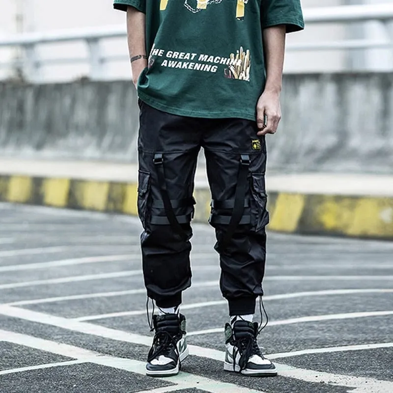 Cargo Pants Men Joggers Streetwear Ankle-length Pants Ribbons Elastic Waist Black Pant Hip Hop Male DG166