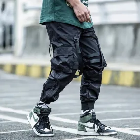 Cargo Pants Men Joggers Streetwear Ankle-length Pants Ribbons Elastic Waist Black Pant Hip Hop Male DG166