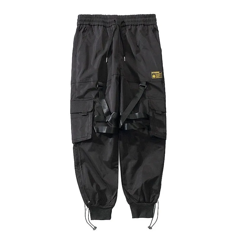 Cargo Pants Men Joggers Streetwear Ankle-length Pants Ribbons Elastic Waist Black Pant Hip Hop Male DG166