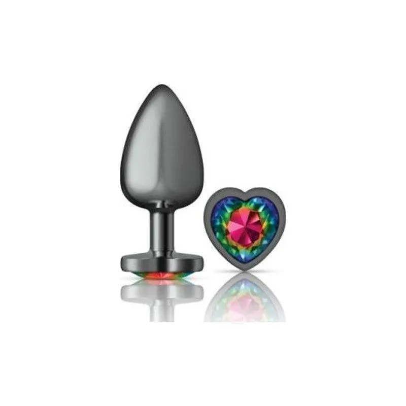 Cheeky Charms Gunmetal  Butt Plug w Heart Rainbow Jewel Large