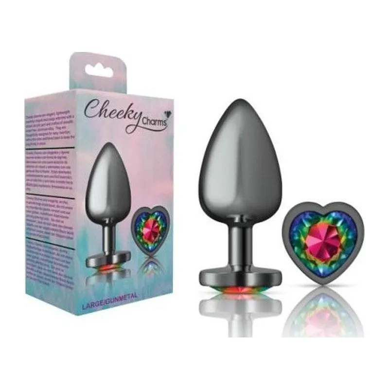 Cheeky Charms Gunmetal  Butt Plug w Heart Rainbow Jewel Large