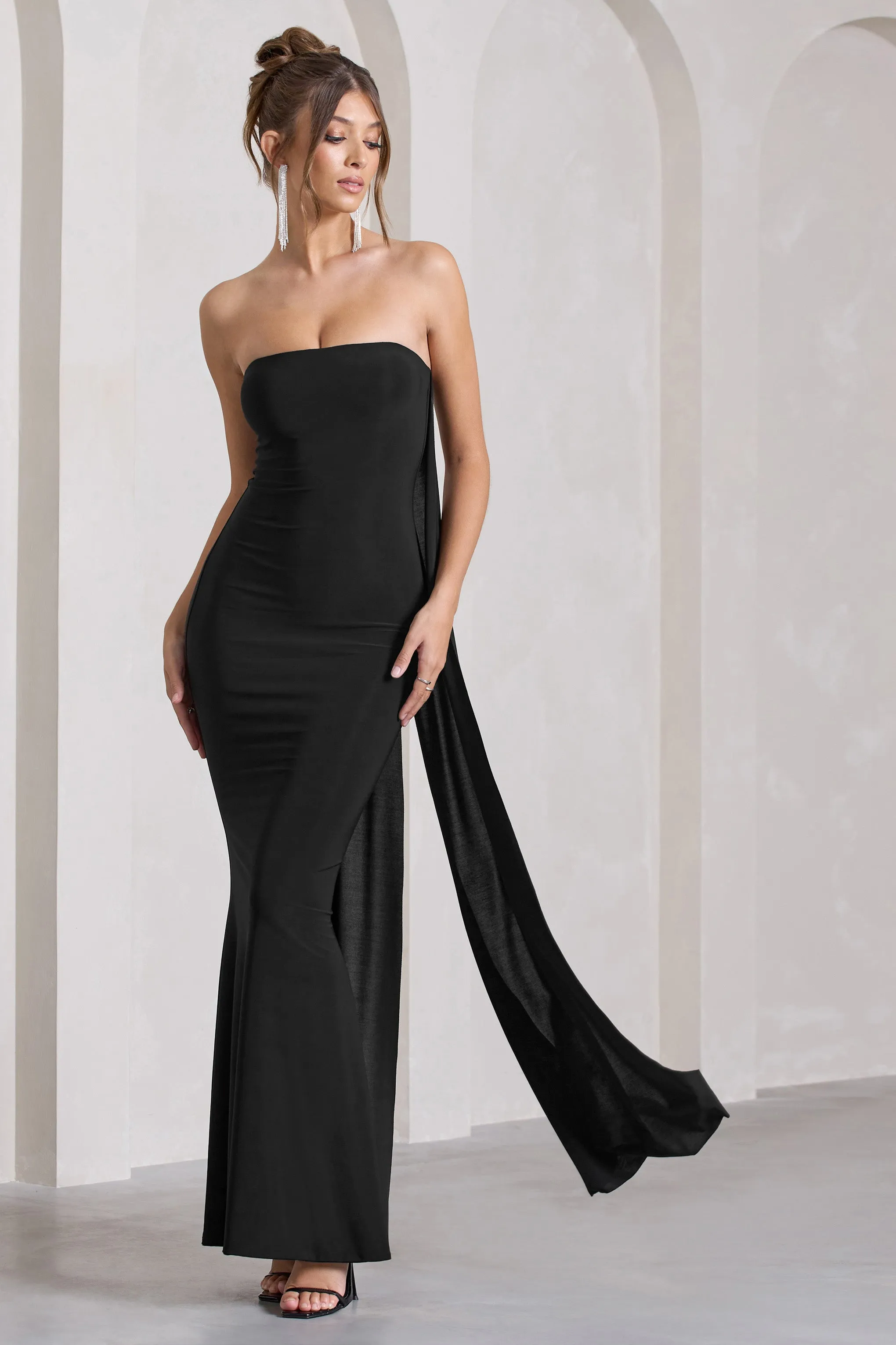 Christina | Black Bandeau Sleeveless Maxi Dress With Cape