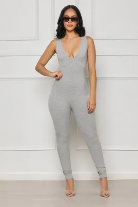 Contour Ribbed V-Neck Jumpsuit (Grey)- FINAL SALE