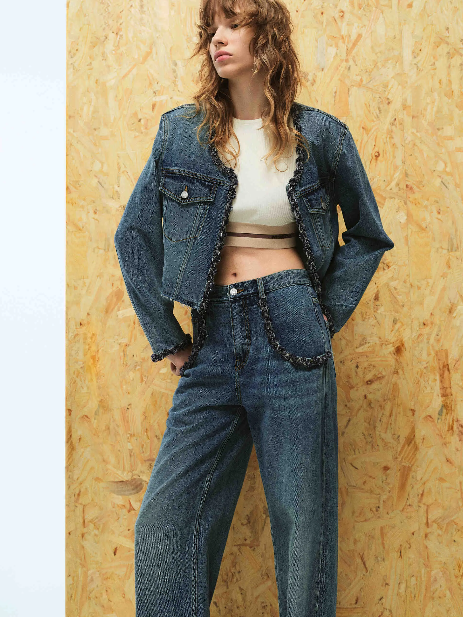 Cropped Collarless Denim Jacket