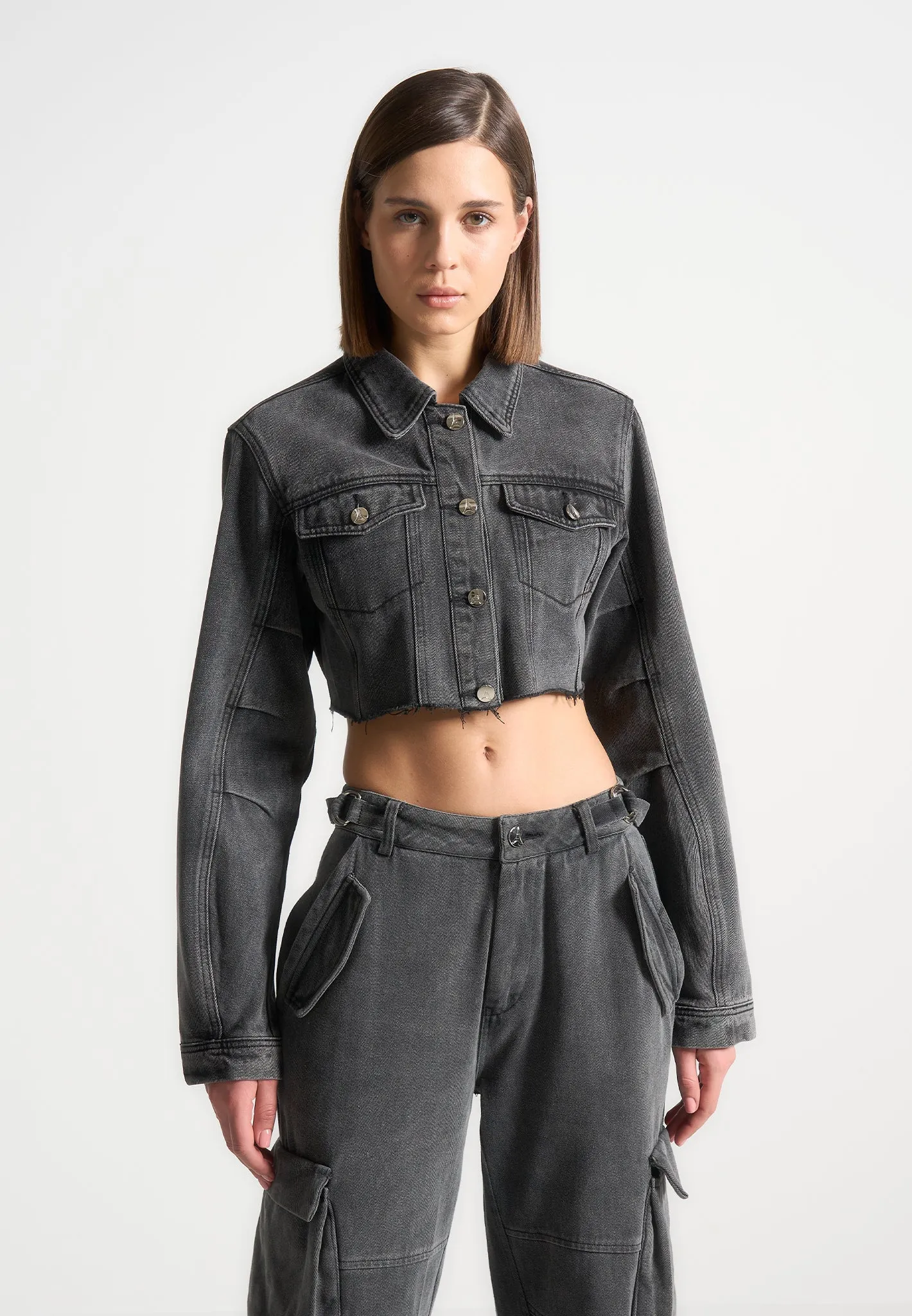 Cropped Tacked Sleeve Jacket - Washed Grey