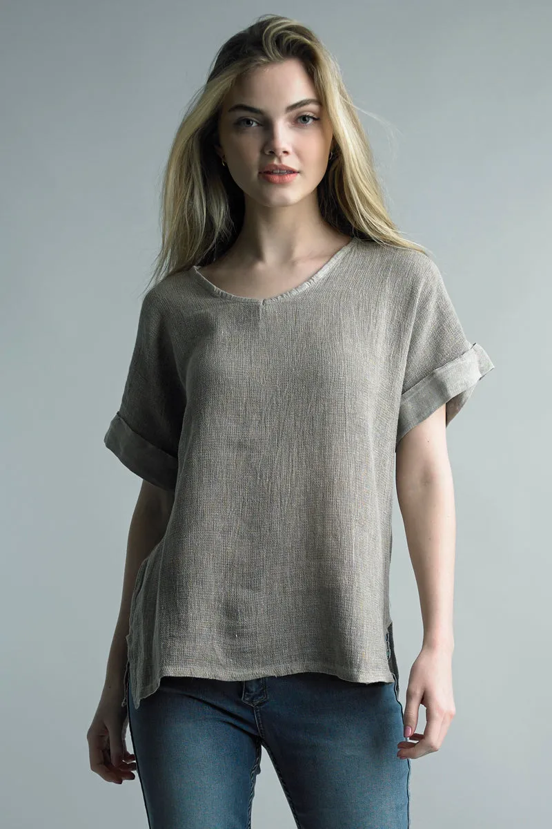 Cuffed Short Sleeve Italian Linen Top