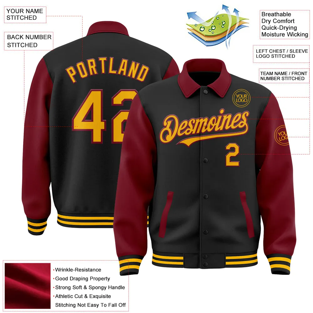 Custom Black Gold-Crimson Bomber Full-Snap Varsity Letterman Two Tone Lapel Collar Byron Jacket