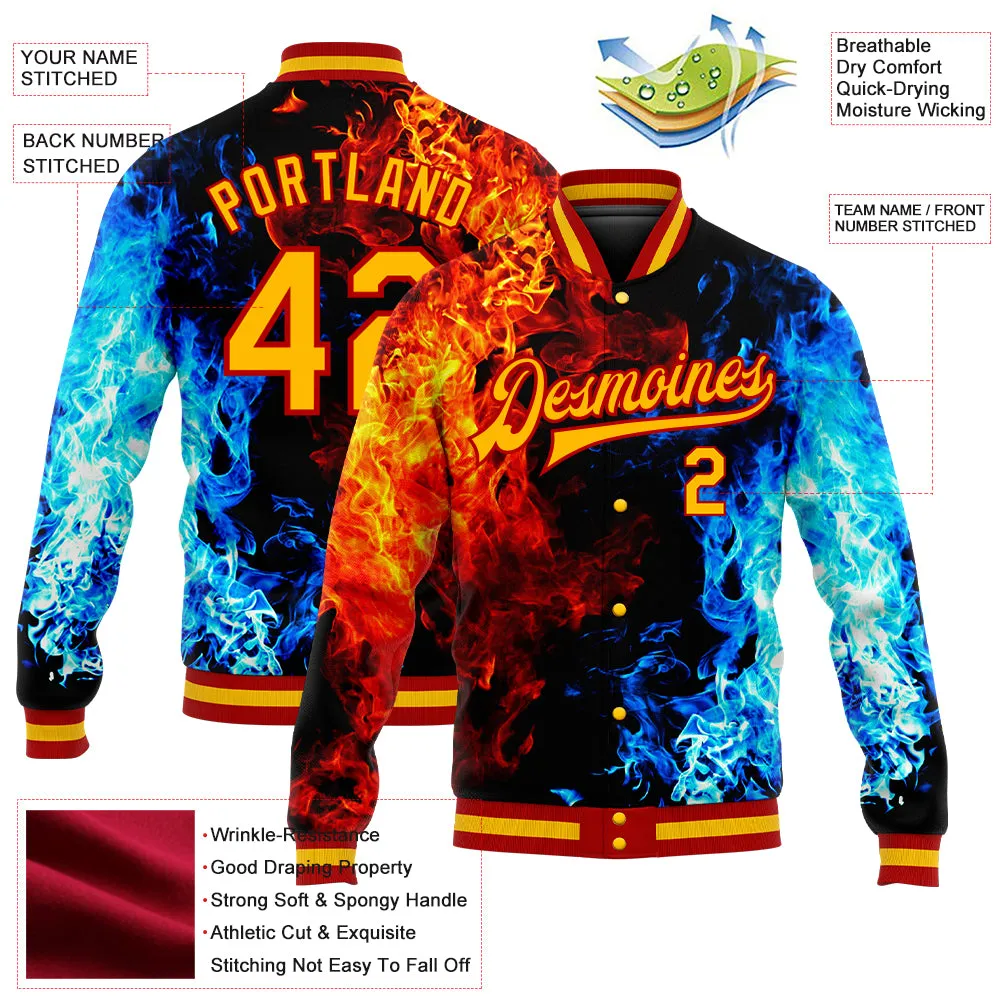 Custom Black Gold Red-Royal Flame 3D Pattern Design Bomber Full-Snap Varsity Letterman Jacket