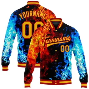 Custom Black Gold Red-Royal Flame 3D Pattern Design Bomber Full-Snap Varsity Letterman Jacket