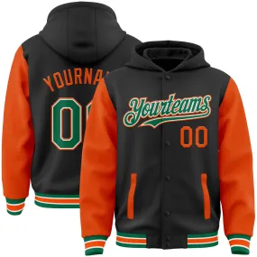 Custom Black Kelly Green-Orange Bomber Full-Snap Varsity Letterman Two Tone Hoodie Jacket