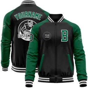 Custom Black Kelly Green-White Bomber Varsity Letterman Two Tone Zipper Jacket