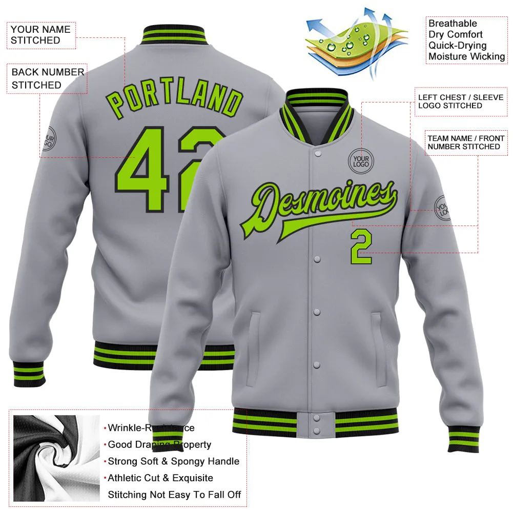 Custom Gray Neon Green-Black Bomber Full-Snap Varsity Letterman Jacket