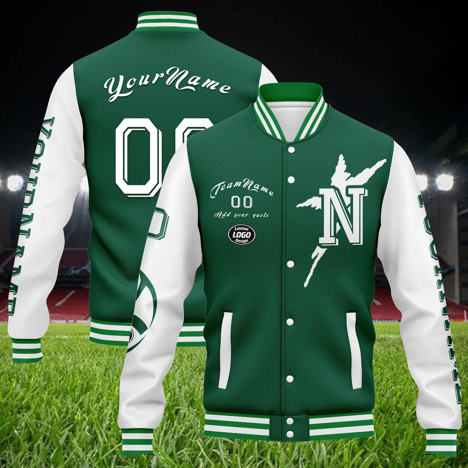 Custom Green White New York Jacket Bomber Full-Snap Varsity Letterman Personalized Jacket FZ005SX-D020290-28