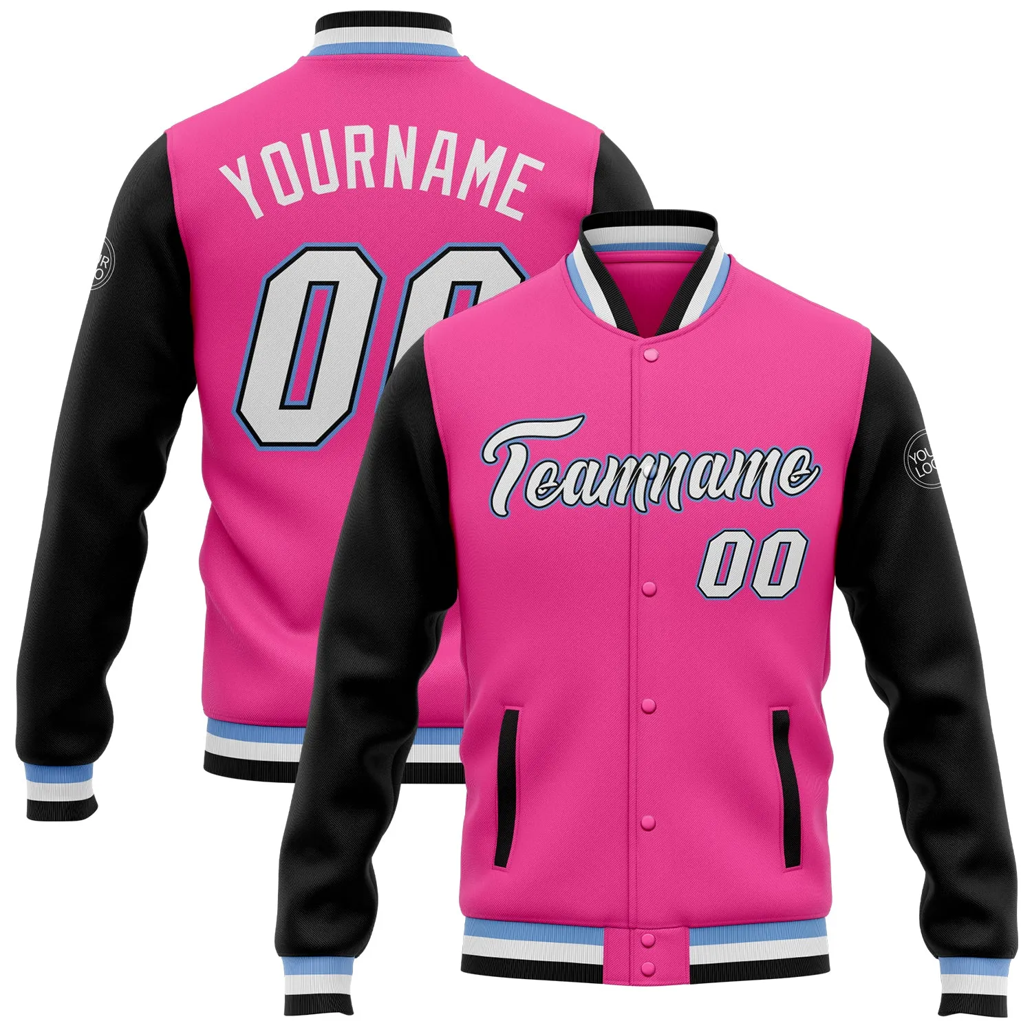 Custom Pink White Black-Light Blue Bomber Full-Snap Varsity Letterman Two Tone Jacket