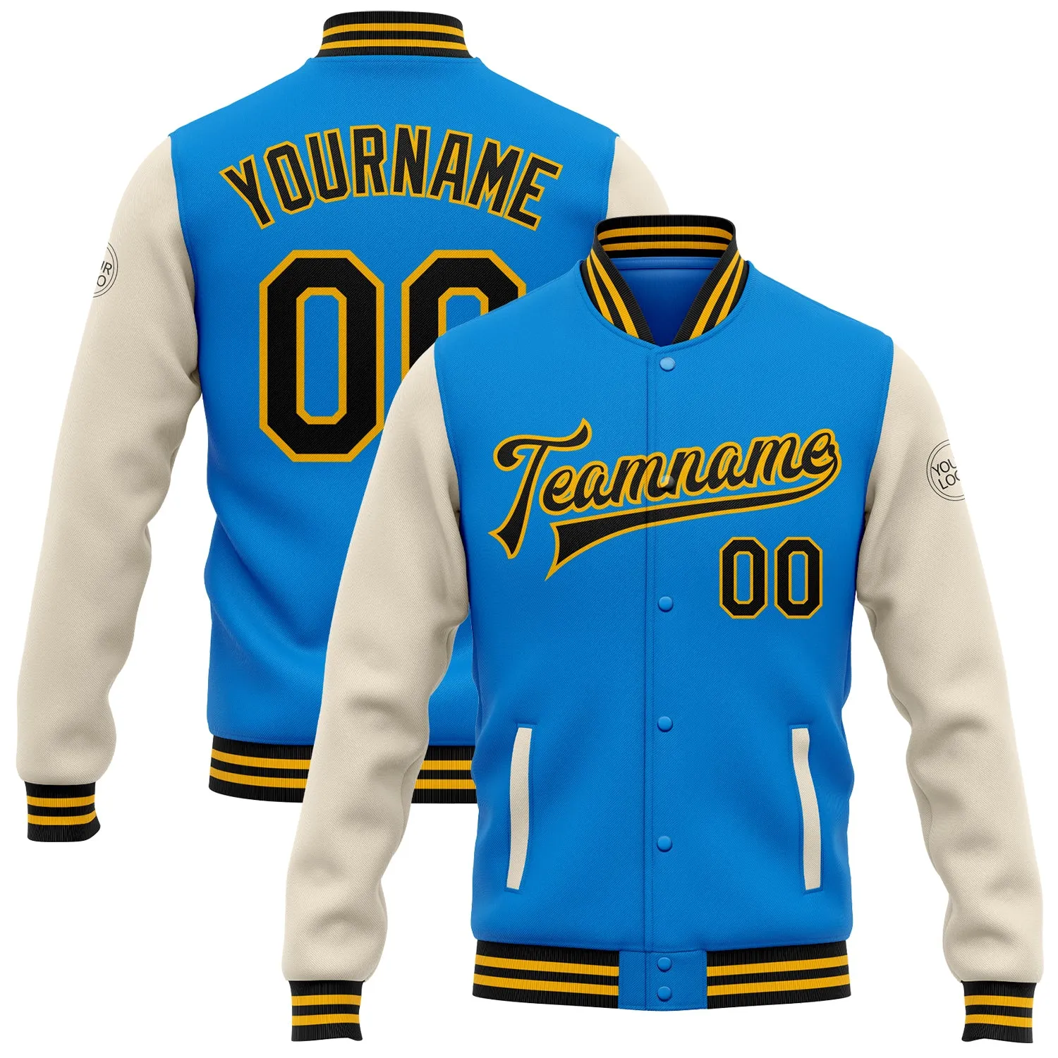 Custom Powder Blue Black Cream-Gold Bomber Full-Snap Varsity Letterman Two Tone Jacket