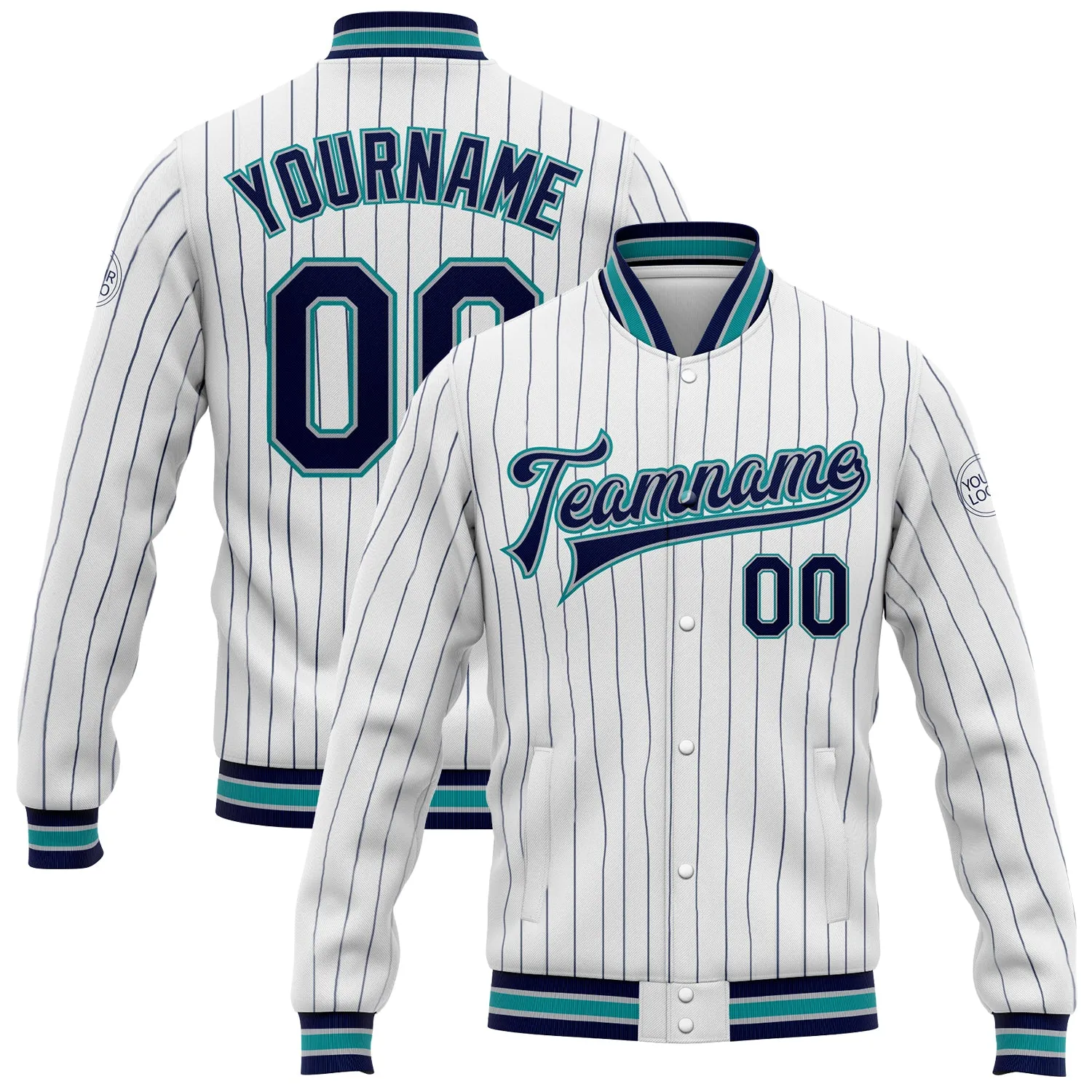 Custom White Navy Pinstripe Gray-Teal Bomber Full-Snap Varsity Letterman Jacket