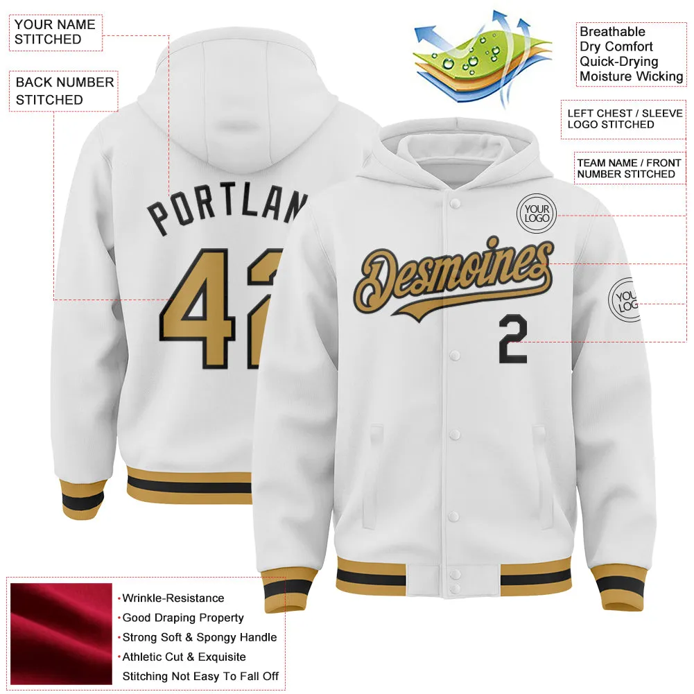 Custom White Old Gold-Black Bomber Full-Snap Varsity Letterman Hoodie Jacket