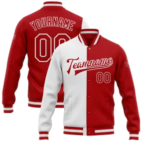 Custom White Red Bomber Full-Snap Varsity Letterman Split Fashion Jacket