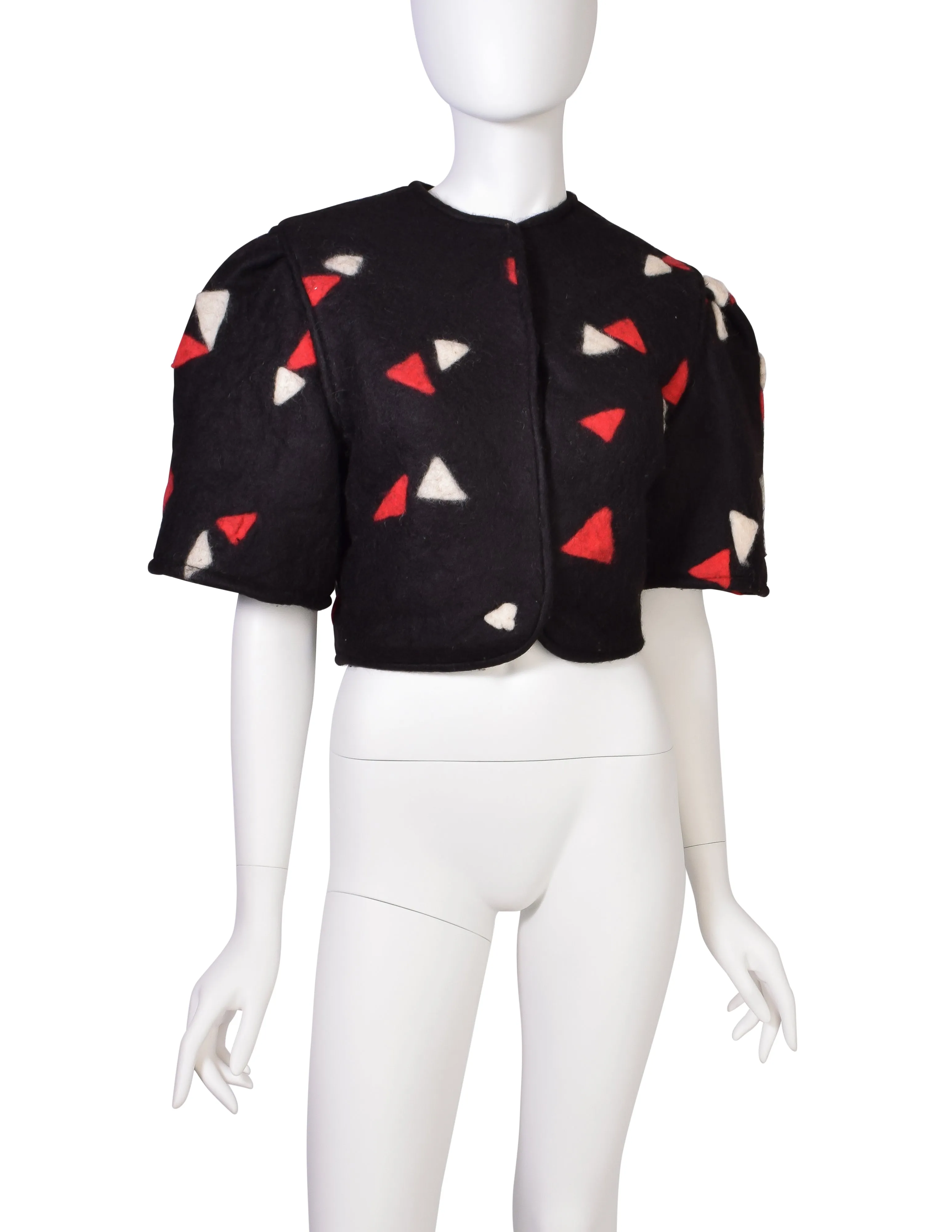 Cynthia Boyer Vintage Black Red White Triangle Print Boiled Wool Cropped Puff Sleeve Jacket