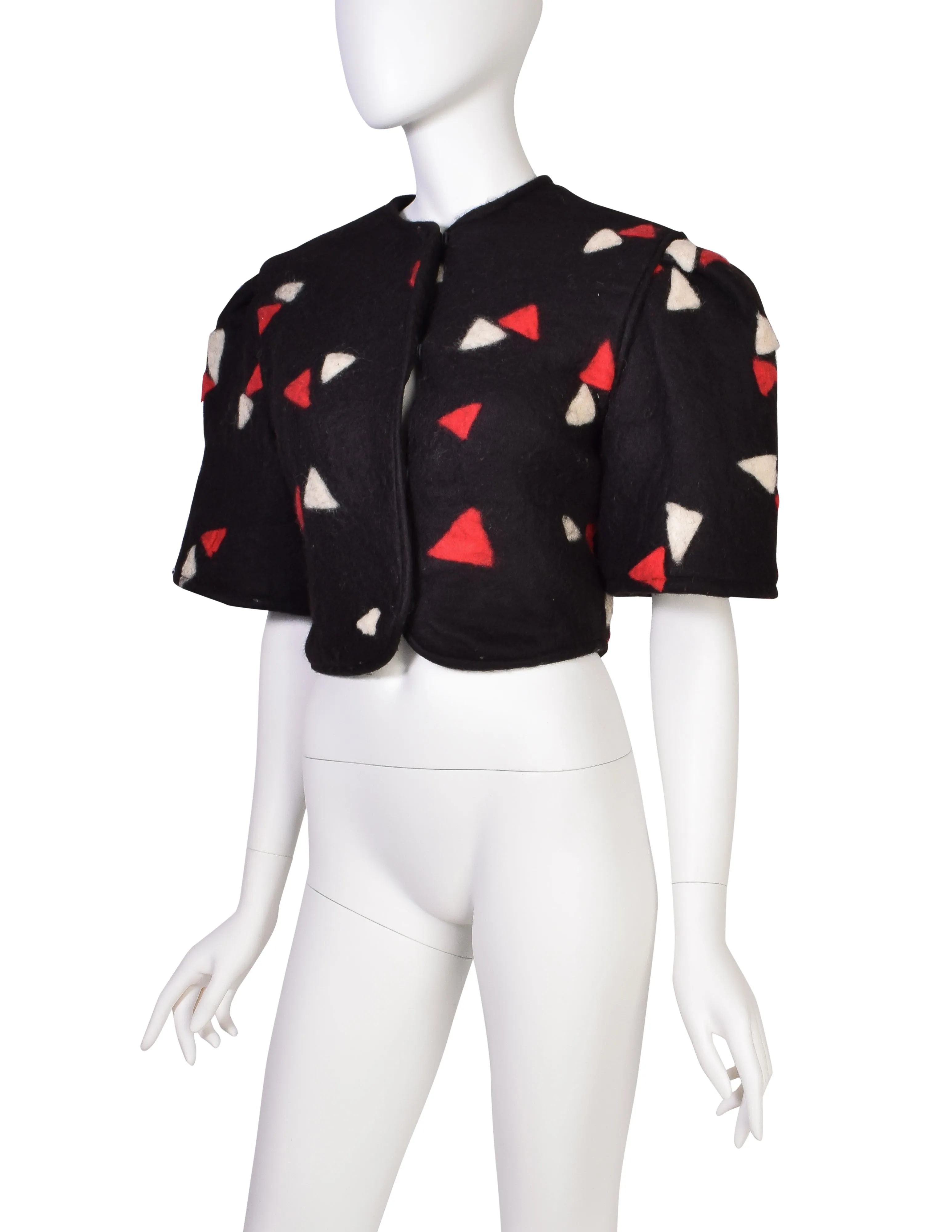 Cynthia Boyer Vintage Black Red White Triangle Print Boiled Wool Cropped Puff Sleeve Jacket