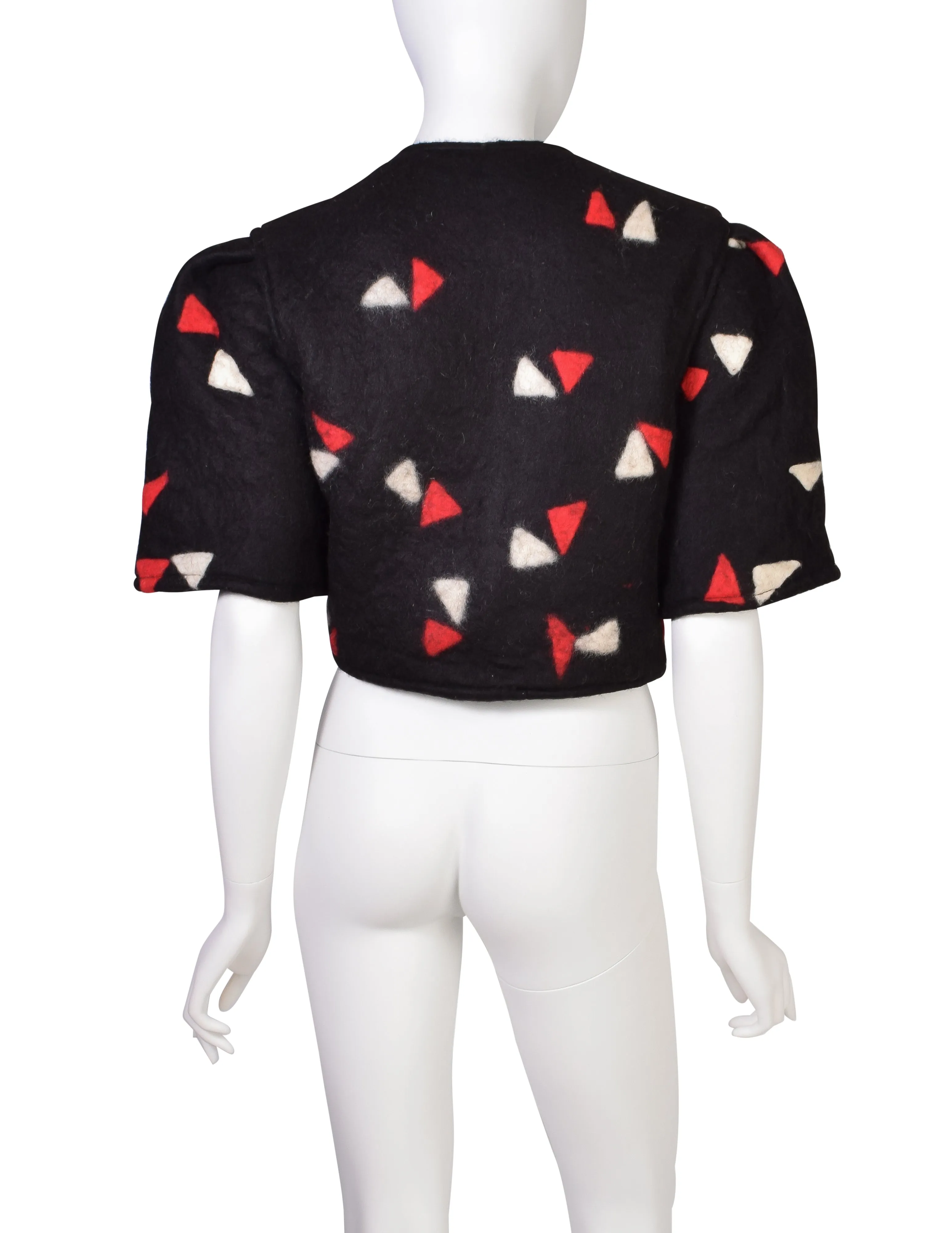 Cynthia Boyer Vintage Black Red White Triangle Print Boiled Wool Cropped Puff Sleeve Jacket