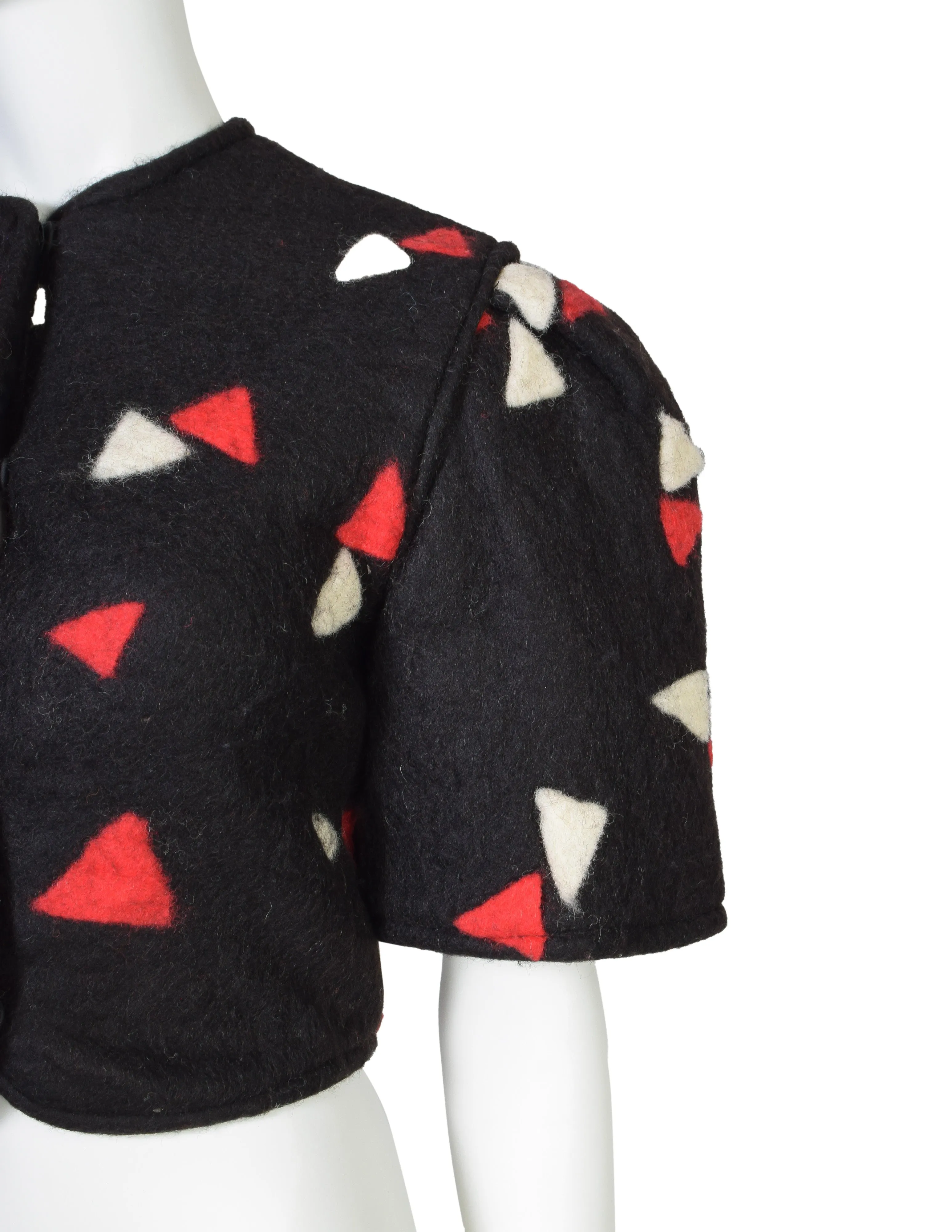 Cynthia Boyer Vintage Black Red White Triangle Print Boiled Wool Cropped Puff Sleeve Jacket