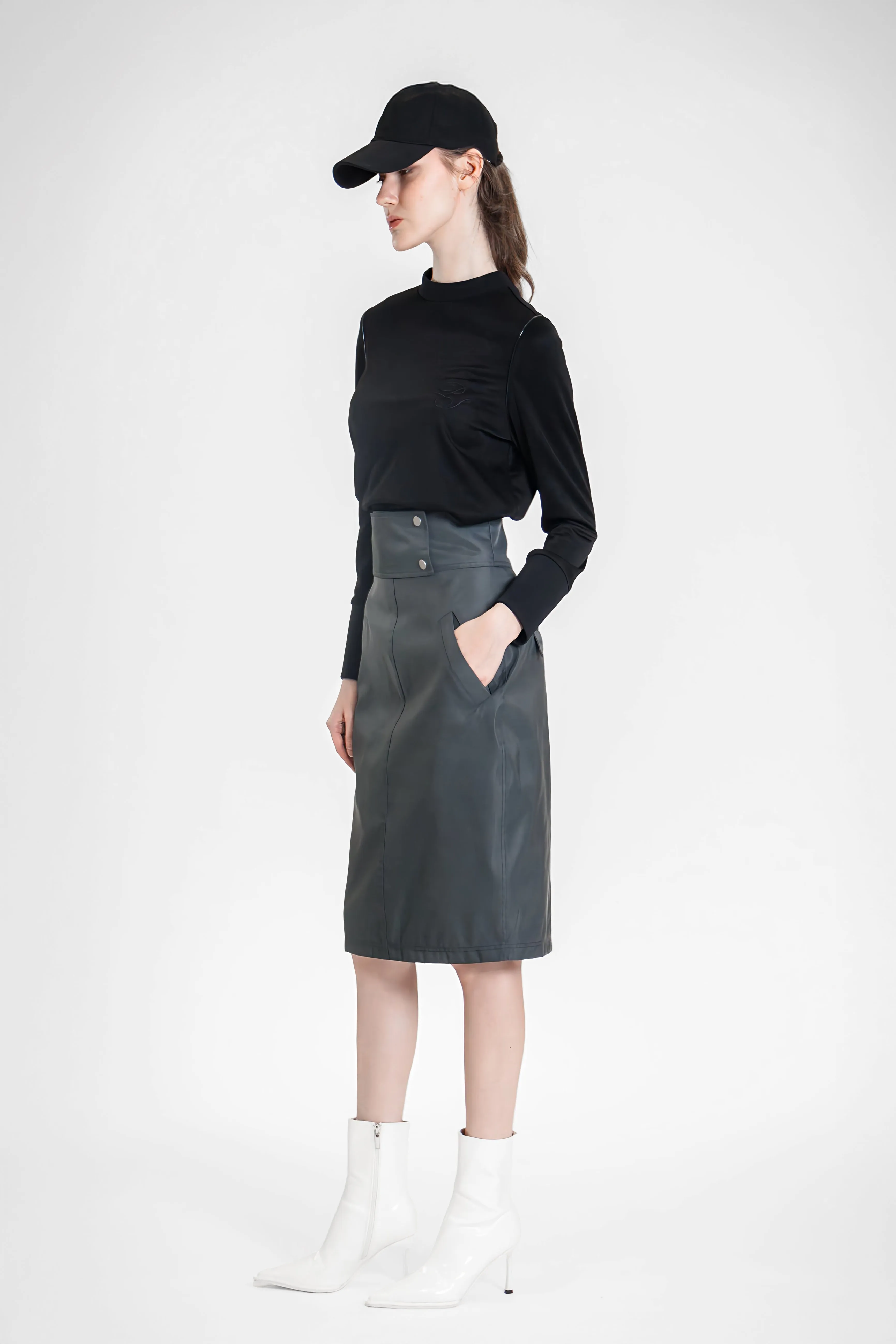 DEEP GULL GRAY HIGH-WAIST TRENCH COAT MID-LENGTH SKIRT