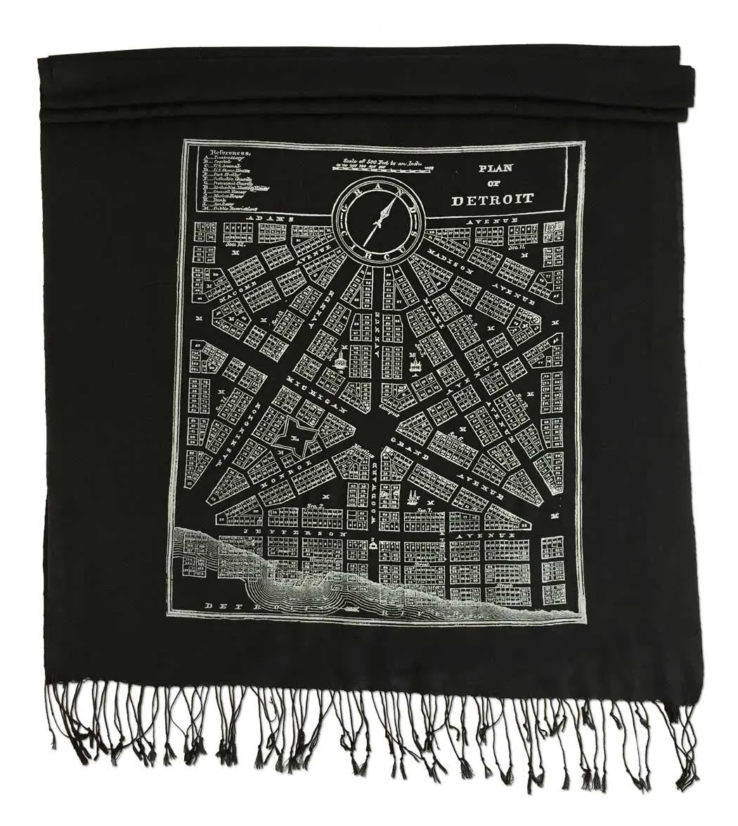 Detroit Map Printed Linen Weave Pashmina Scarf, 1831 City Plan