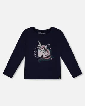 Deux Par Deux Jersey Long Sleeve T-Shirt - Peacoat Navy Unicorn